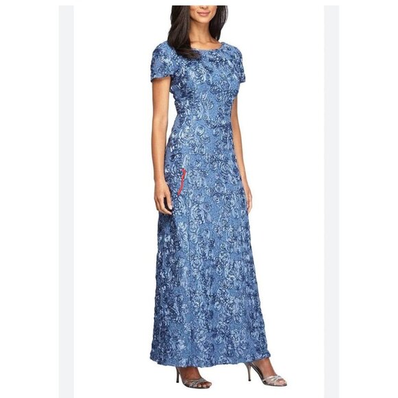 Alex Evenings Embellished Lace Evening Gown Size 16P Navy Sequins Formal Maxi - Picture 1 of 10